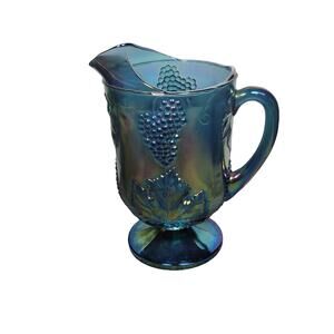 Vintage Colony Harvest Blue Carnival Glass Water Pitcher Footed 64 Oz